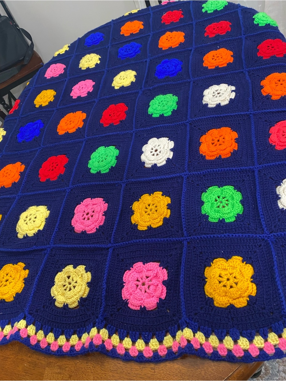 Handmade Navy Crochet Blanket with Multicolor Flower Squares